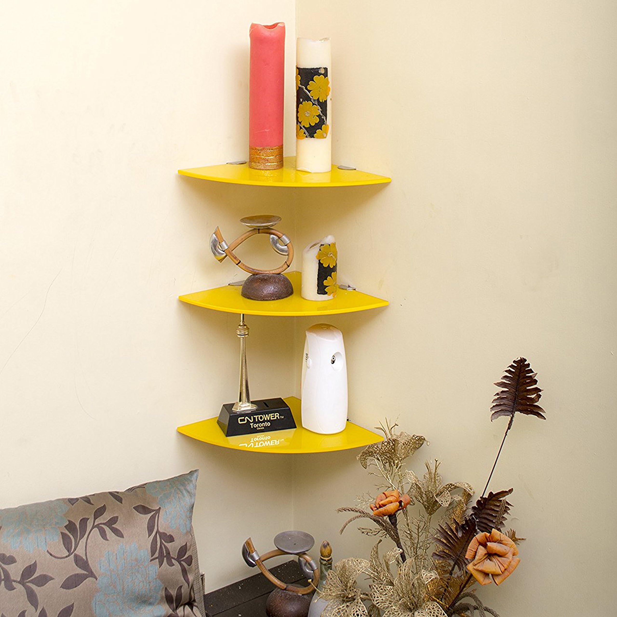 Klaxon - G0040IT0102-3P Corner Glass Shelf - 9 * 9 Inches - Yellow - Pack of 3 (Without Railings)