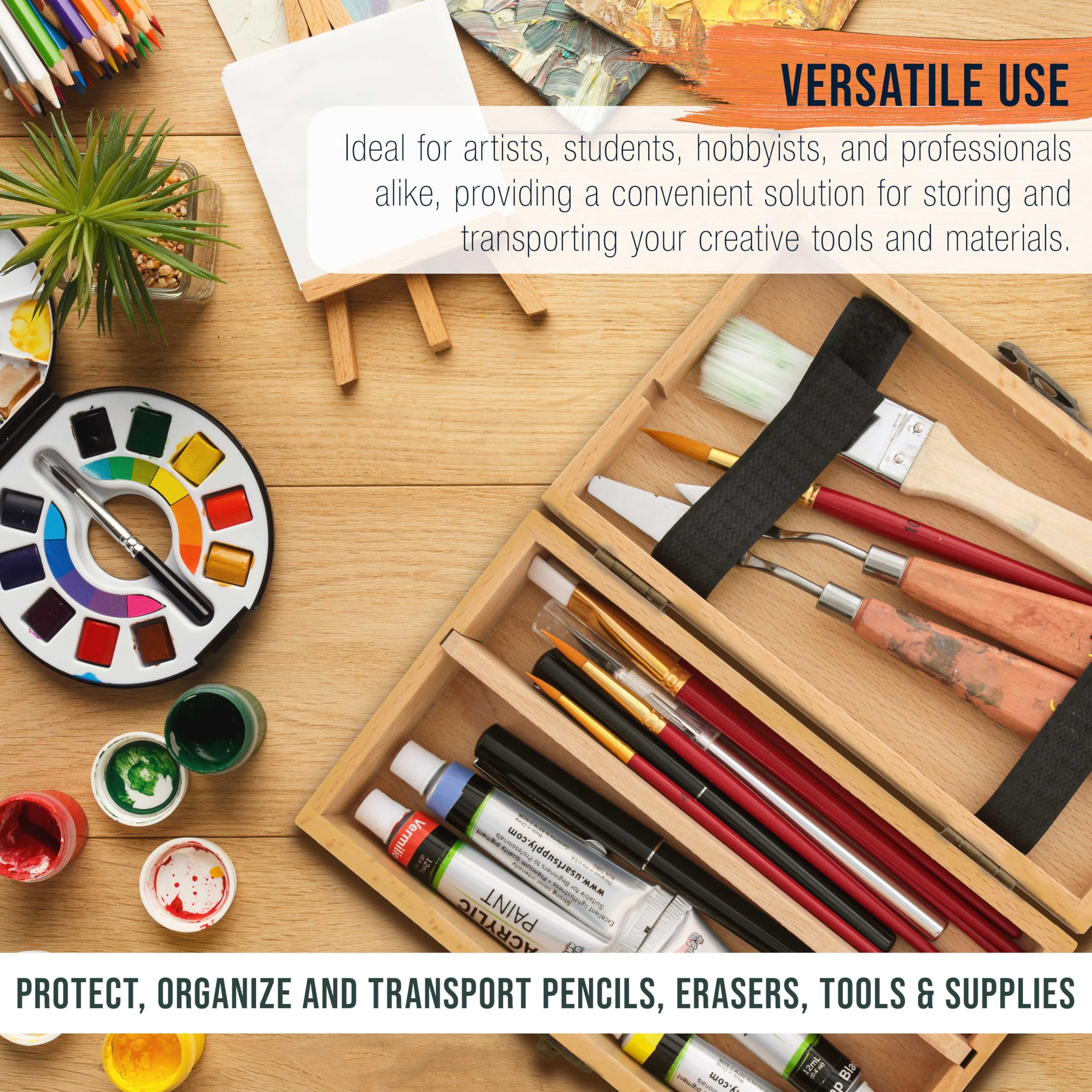 U.S. Art Supply Multi-Function Artist Supply Box with Locking Clasps - Wooden Art Box for Artist Supplies, Brushes, Pencils, Erasers, Tool Storage Organizer Case to Protect and Transport