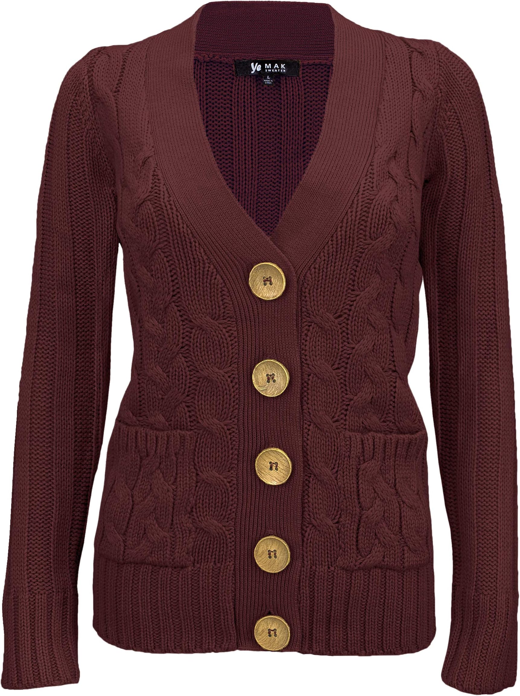 YEMAK Women's Long-Sleeve Button-Down Two Pocket Cable Knit Casual Cardigan Sweater