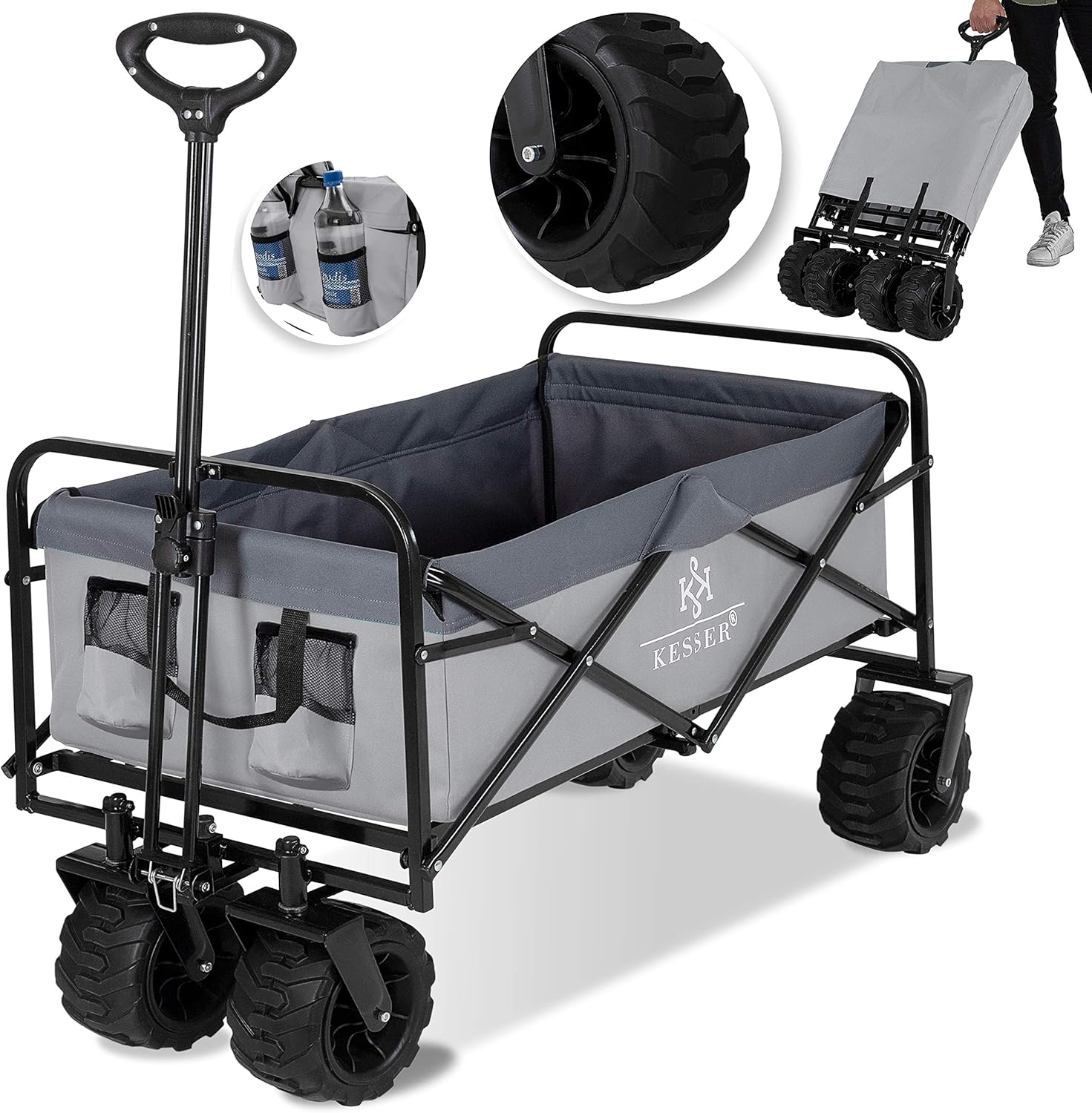 KESSER® Bollerwagen faltbar mit Breite Reifen Handwagen Transportkarre Gerätewagen | inkl. 2 Netztaschen | klappbar | Vollgummi-Reifen | transportwagen Gartenanhänger Grau