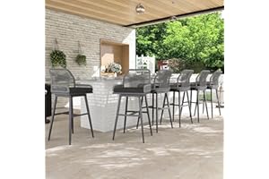 MEISSALIVVE Bar Stools Set of 6, Outdoor Bar Height Bar Stools, 30" H Swivel Wicker Rattan Outdoor Barstools with Boho Woven Rope Back for Kitchen Patio Garden, Grey