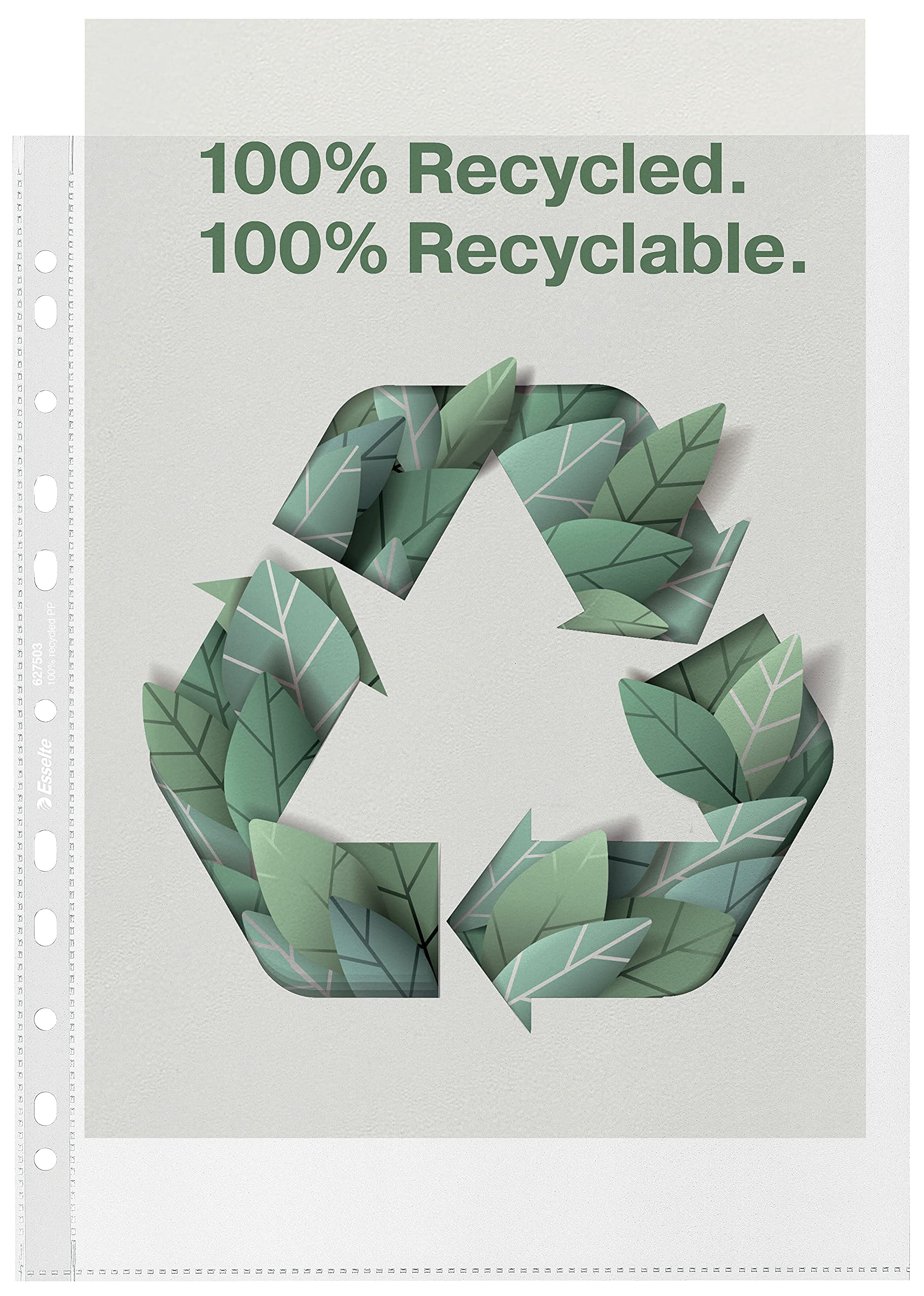 Esselte Recycle A4 Maxi Pockets, Premium Embossed Extra Strong PP with Extended Capacity, 100 Micron, Plastic Punched Poly Pockets, Pack of 100, 627503