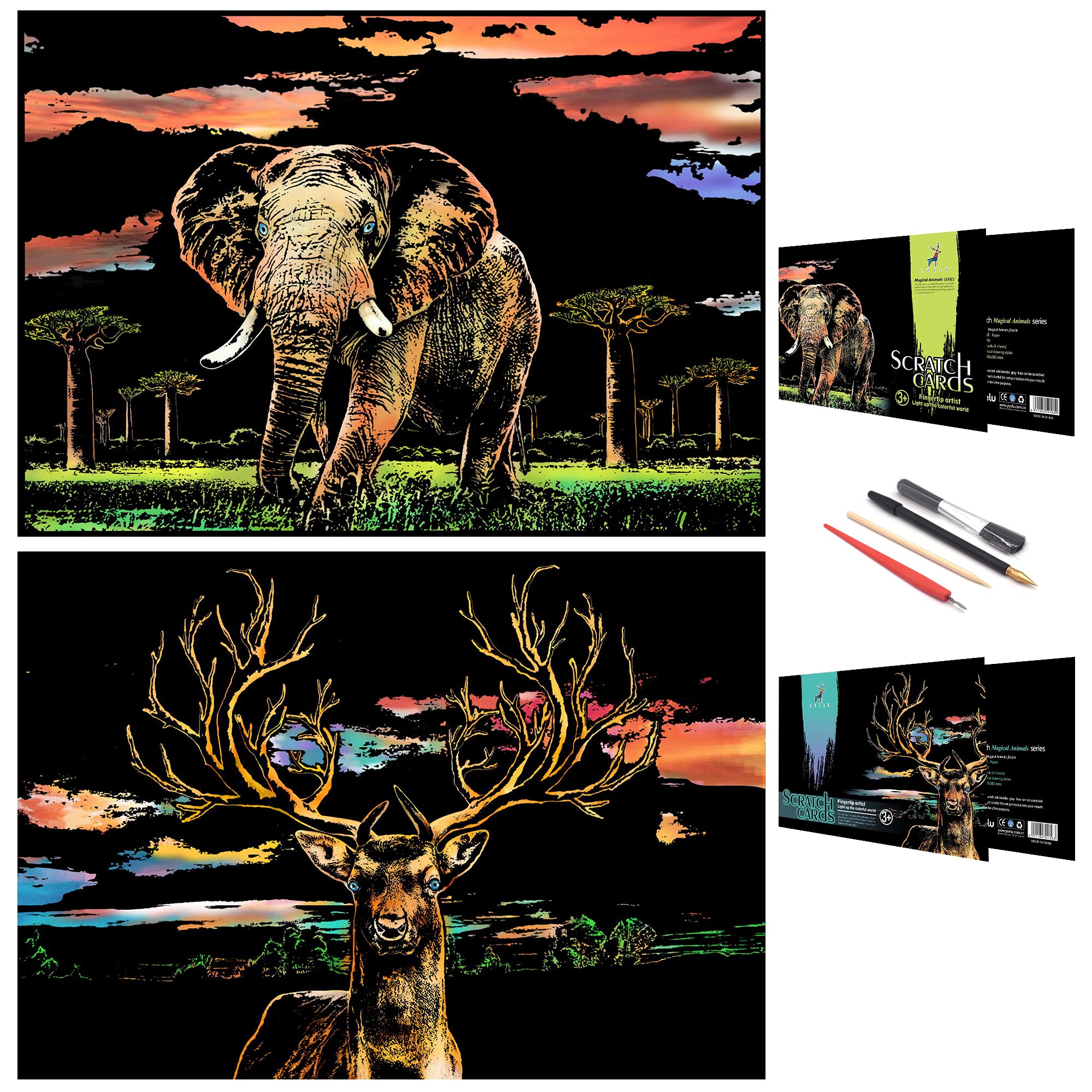 SiYear Scratch Painting Art Paper,Animal Series Scratchboard for Kids & Adults, Gifts&Arts Craft Kits with 4 Tools,Size:16''x11'' (Elephant & Deer)