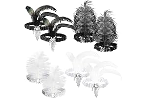 WATINC 8pcs 1920s Flapper Headband,Black and White Sequin Headband with Feather Jewel Detail, Great Gatsby 1920s Hair Accessory, Roaring 20s Gatsby Costume, Vintage Headpiece for Gatsby Theme Party