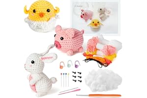 BWKOSS Beginner Crochet Kit, Cute Piglet Rabbit Chick Crochet Starter Kit for Adults Kids Farm Animals DIY Craft Complete Material Pack with Step-by-Step Instruction&Video Tutorials for Knitting Enthusiast