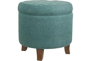 HomePop by Kinfine Fabric Upholstered Round Storage Ottoman - Button Tufted Ottoman with Removable Lid, Teal Woven