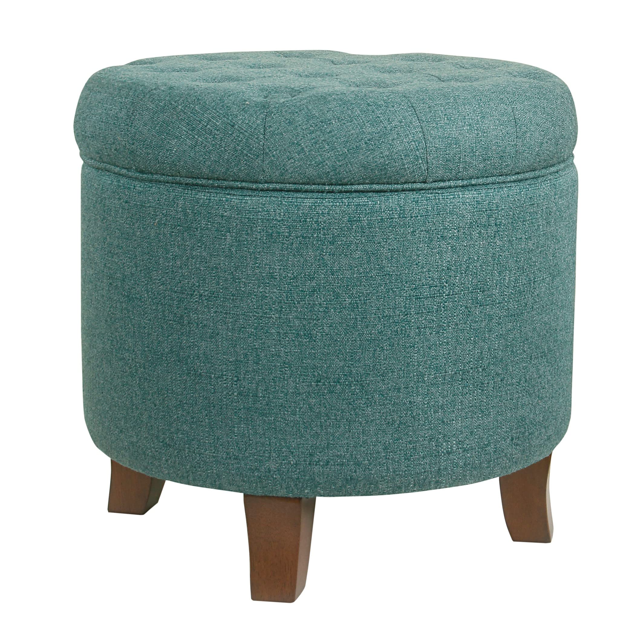 HomePop by Kinfine Fabric Upholstered Round Storage Ottoman - Button Tufted Ottoman with Removable Lid, Teal Woven Image