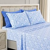 Ultra Soft Wrinkle-Free Microfiber Paisley Full Sheet Set, Breathable Boho Bed Sheet Set – 16" Deep Pocket Fitted Sheet, Flat Sheet & 4 Pillowcases, Juegos de Sábanas, OEKO-TEX - White/Blue