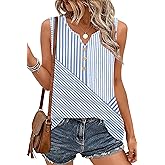 SAUKOLE Womens Summer Sleeveless Tank Top V Neck Buttons Pleated Shirts Dressy Casual Loose Tops Blouses