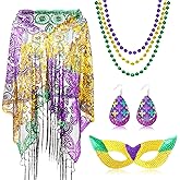 SATINIOR 7 Pcs Mardi Gras Costumes Accessories for Women Mardi Gras Shawl Scarf with Earring Mask Beads Necklaces Green Purple Yellow for Carnival Cosplay Masquerade Party Favor Outfit Apparel Set