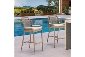 PURPLE LEAF Patio Sunbrella Bar Stools 28" H Set of 2 Handwoven Wicker Bar Height Stool Modern Aluminum High Bar Chairs Outdoor Wicker Barstools with Back and Cushion for Kitchen Pool Island