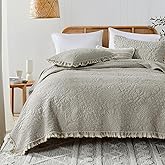 HORIMOTE HOME Beige Ruffled Quilt Queen Size, Stone-Washed Microfiber Lightweight Crinkled Farmhouse Rustic Shabby Chic Bedding Set, 3 Pieces Reversible Bedspread with Pillow Shams for All Season