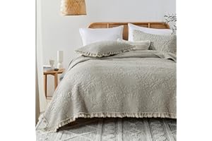 HORIMOTE HOME Beige Ruffled Quilt King Size, Stone-Washed Microfiber Lightweight Crinkled Farmhouse Rustic Shabby Chic Bedding Set, 3 Pieces Reversible Bedspread with Pillow Shams for All Season