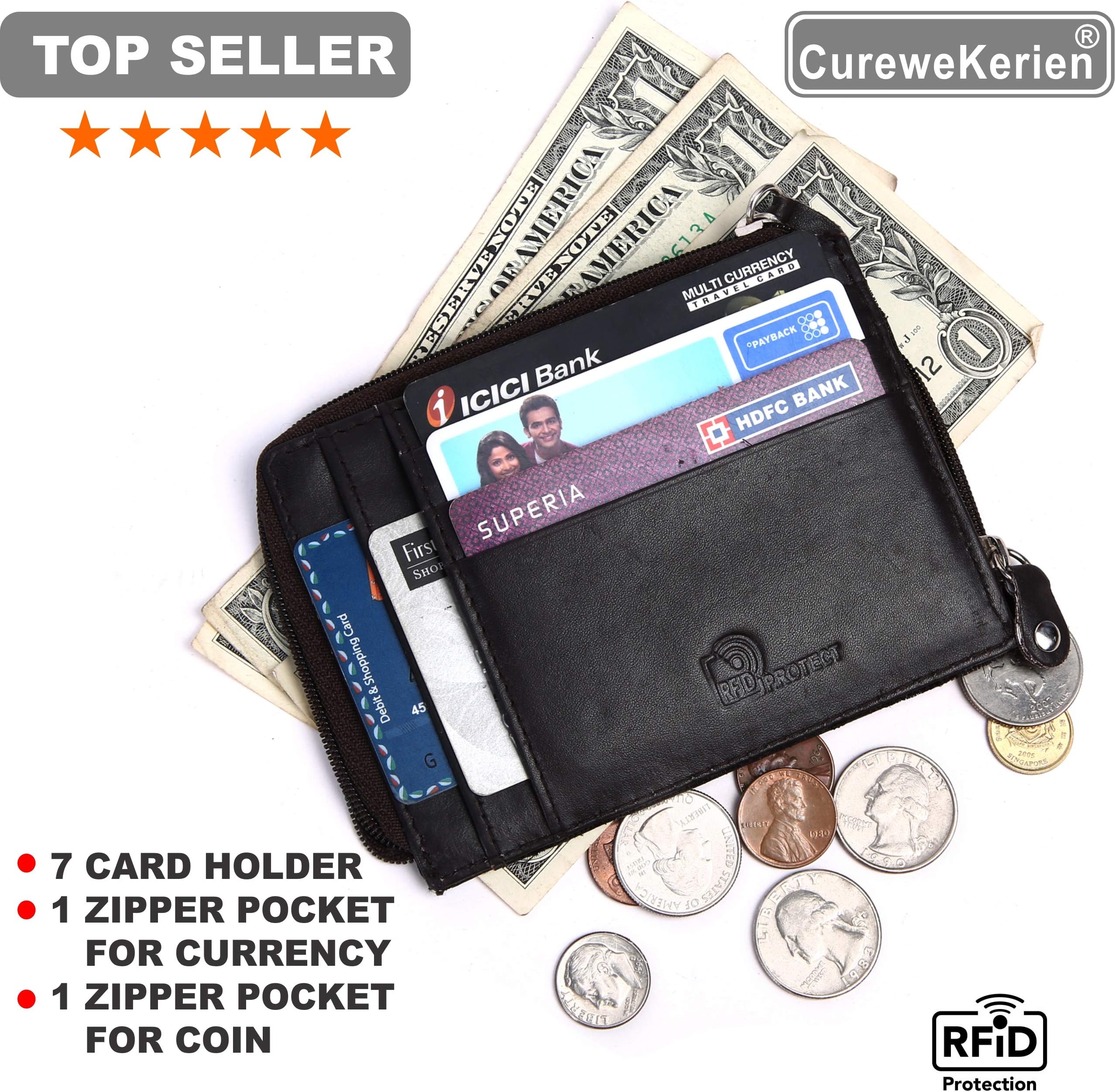 Genuine Leather Credit Card Case Wallet RFID Protected Front Pocket Wallet with 7 Card Holder and Zipper Currency and Coin Pocket (Brown)