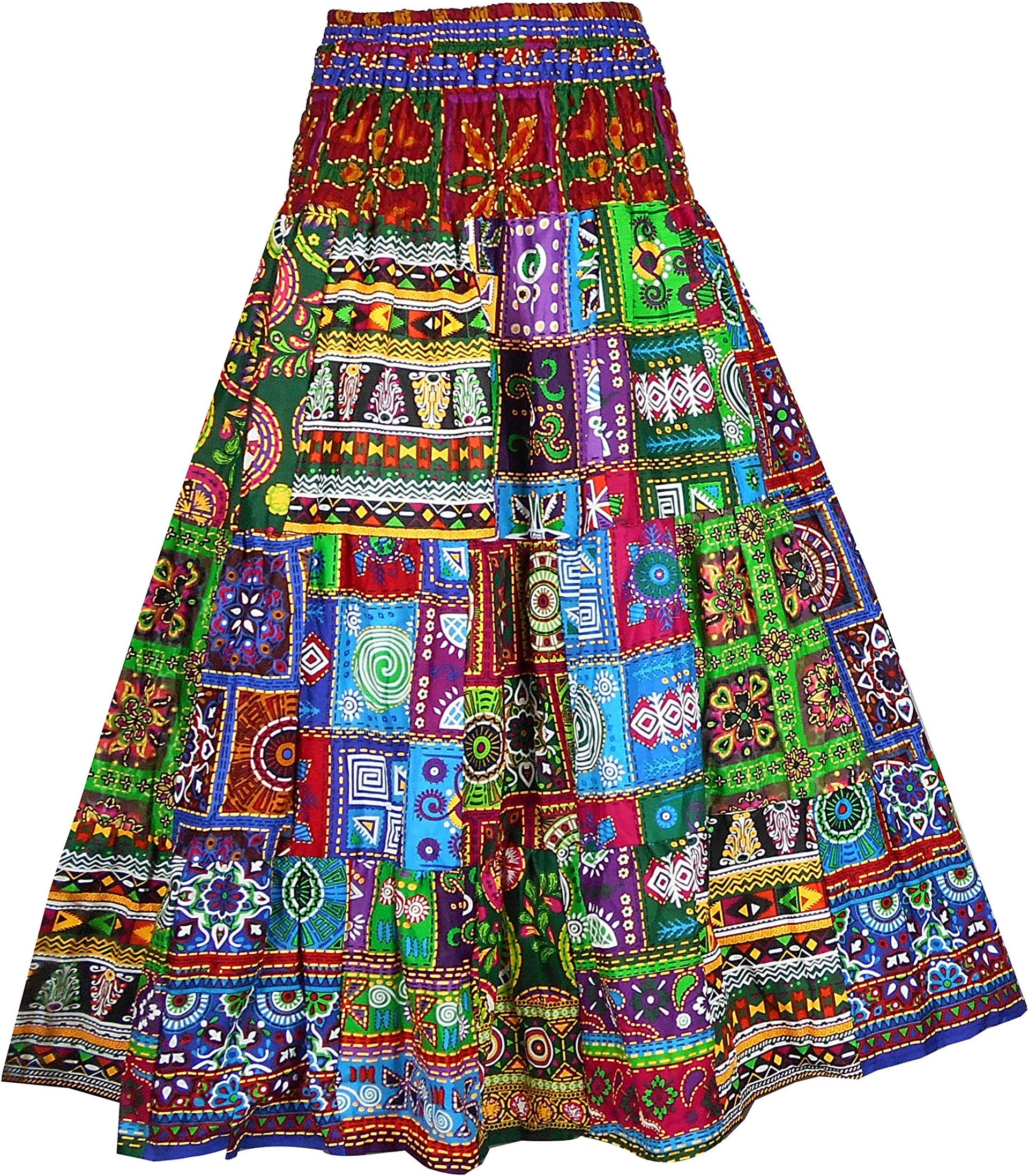 BONYA Women's Hippie Boho Colorful Patchwork Smocked Stretch Waist Tiered Long Skirt (Color21)