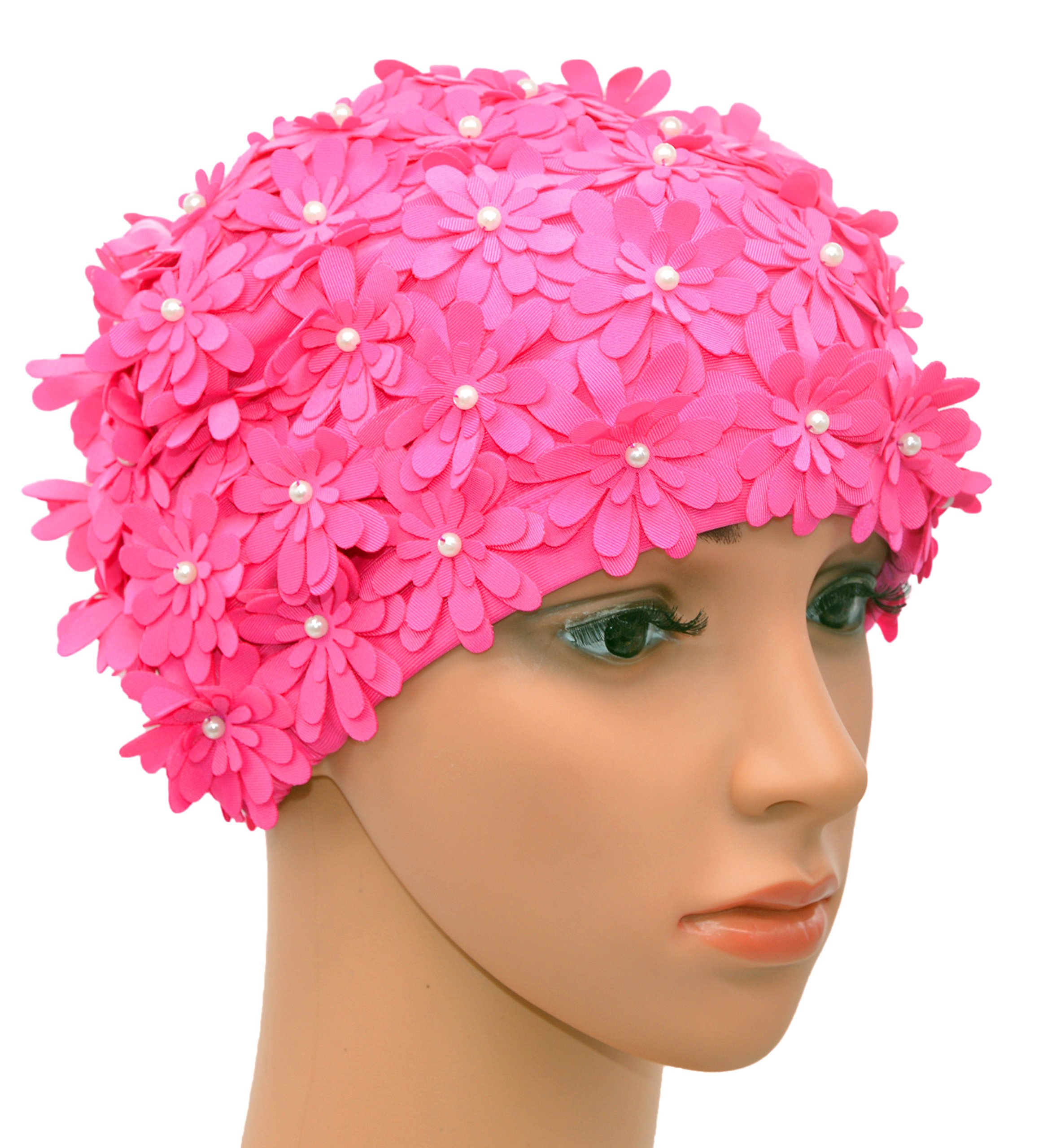 Medifier Swim cap Multi-layer Floral Petals Retro Style Bathing Caps for Women Pink