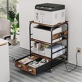 Extra Large Printer Stand with 2 Farbic Drawer, 3 Tier Printer Table with 4-Adjustable Heights, Rolling Printer Cart with Storage for Printer Scanner Fax Home Office Use, Rustic Black and Brown