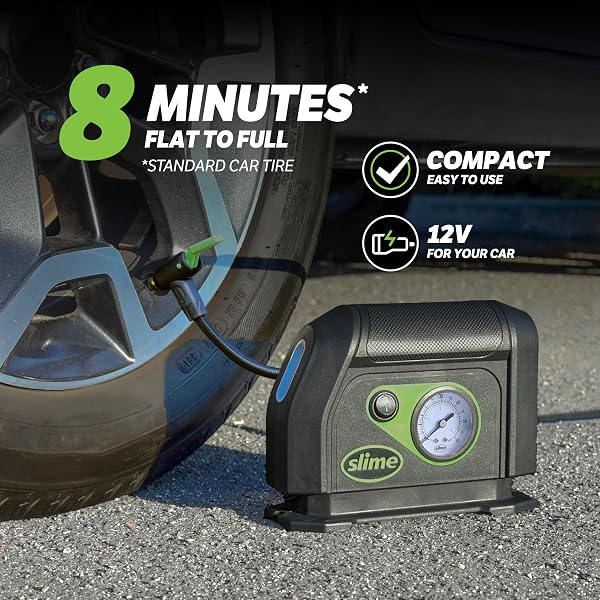 SLIME 40050 TIRE INFLATOR, PORTABLE CAR AIR COMPRESSOR, WITH ANALOG 100 PSI DIAL GAUGE, LONG HOSE AND LED LIGHT, 12V, 8 MIN INFLATION