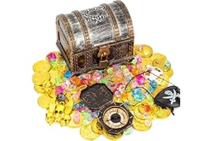 PEMALIN Pirate Toy Treasure Chest for Kids,Antique Color Treasure Box Set Accessories with Lock, Compass, Pirate eye patch, Skull Tag with Chain, 2 Rings, 2 Earrings, 50 Map Coins, 100 Gems.