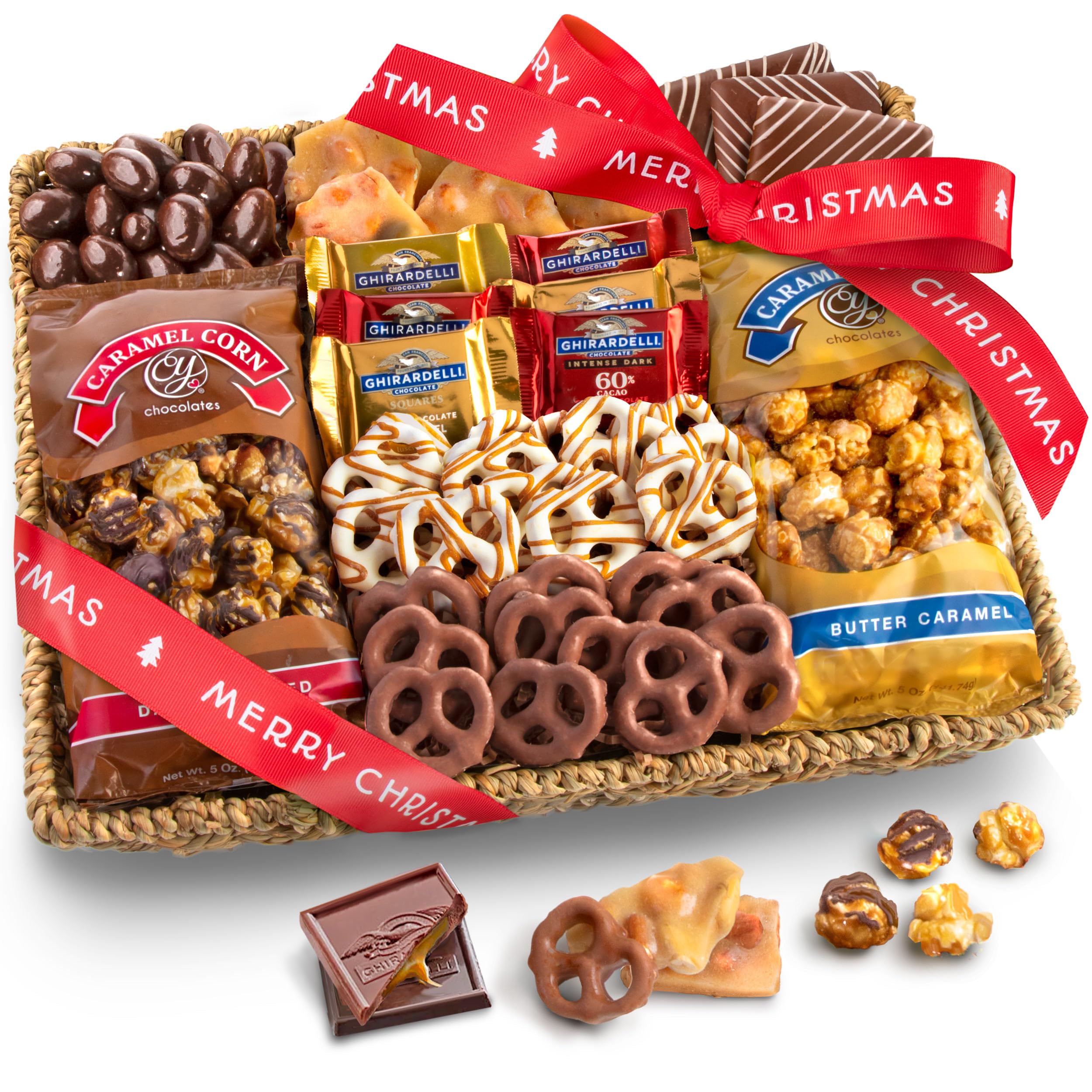 A Gift Inside Merry Christmas Chocolate Caramel and Crunch Grand Gift Basket Image