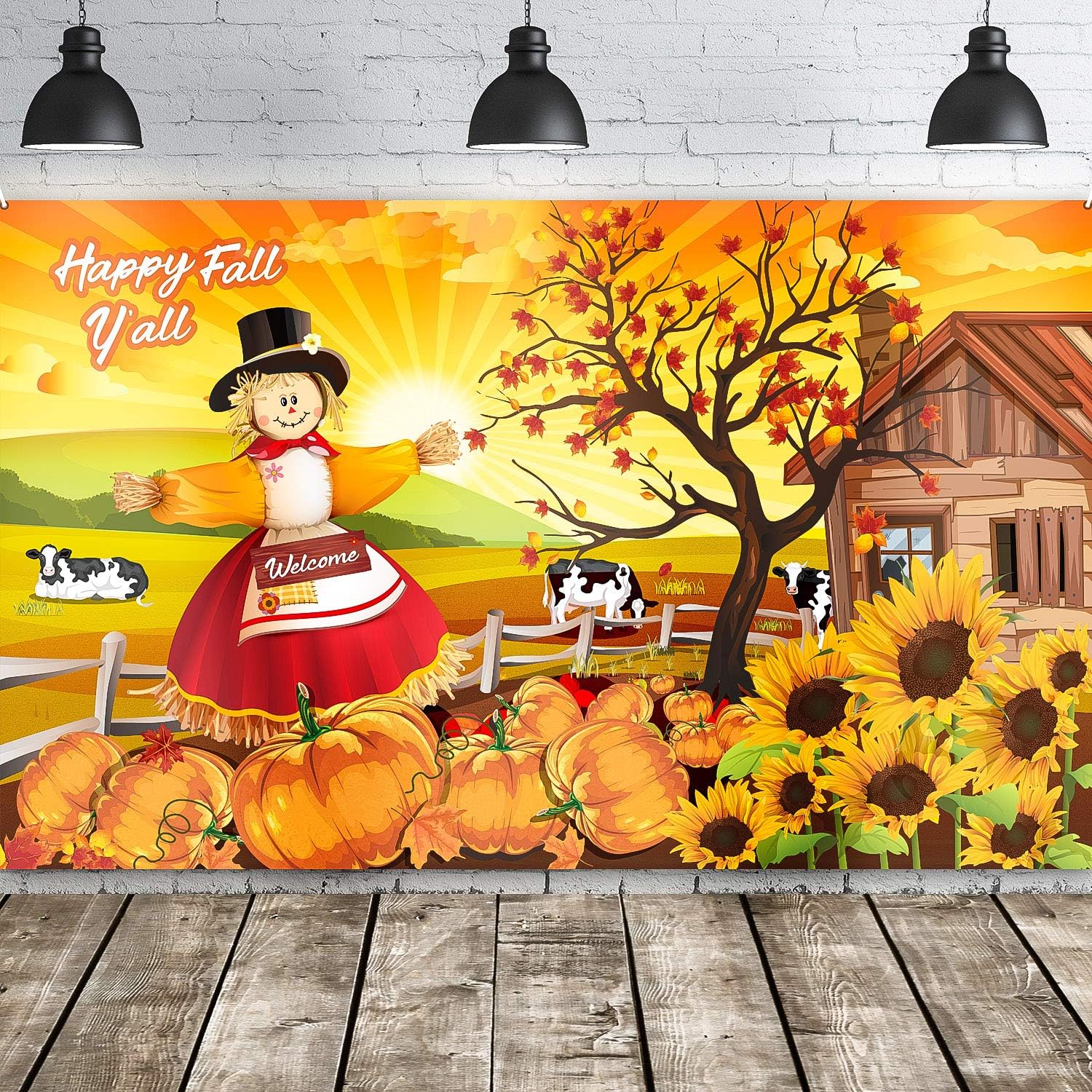 Happy Fall Y'all Party Decoration Backdrop Welcome Fall Scarecrow Harvest Decorative Autumn Background for Halloween Thanksgiving Party Décor Harvest Time Pumpkin (Orange Fall)