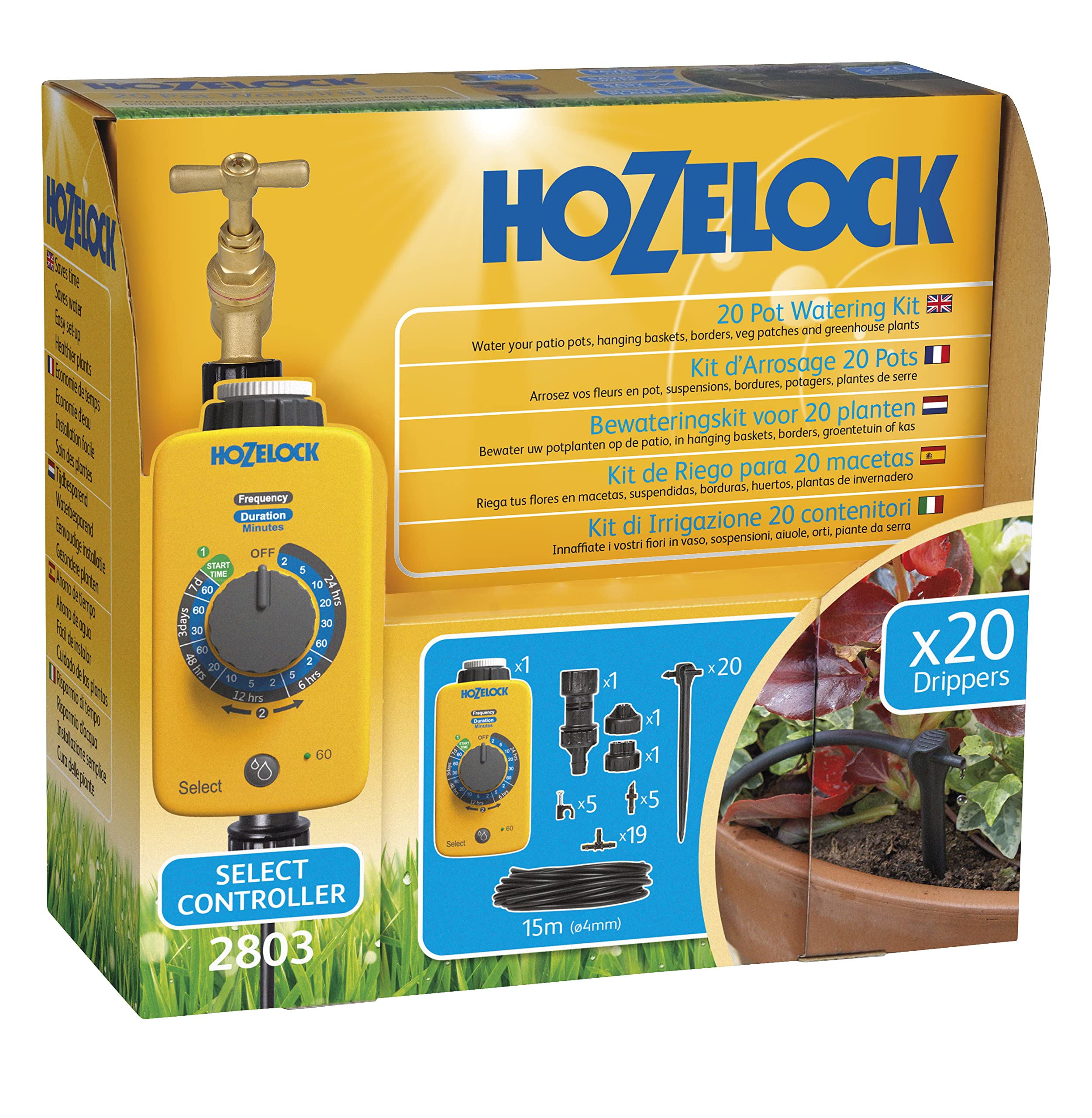 HOZELOCK - Drip Watering Kit 20 Pot : Complete Stand-alone System with Select Controller Programmer, Ideal for Potted Plantsand Window Boxes, for Precise, Water-saving Watering [2803 0000]