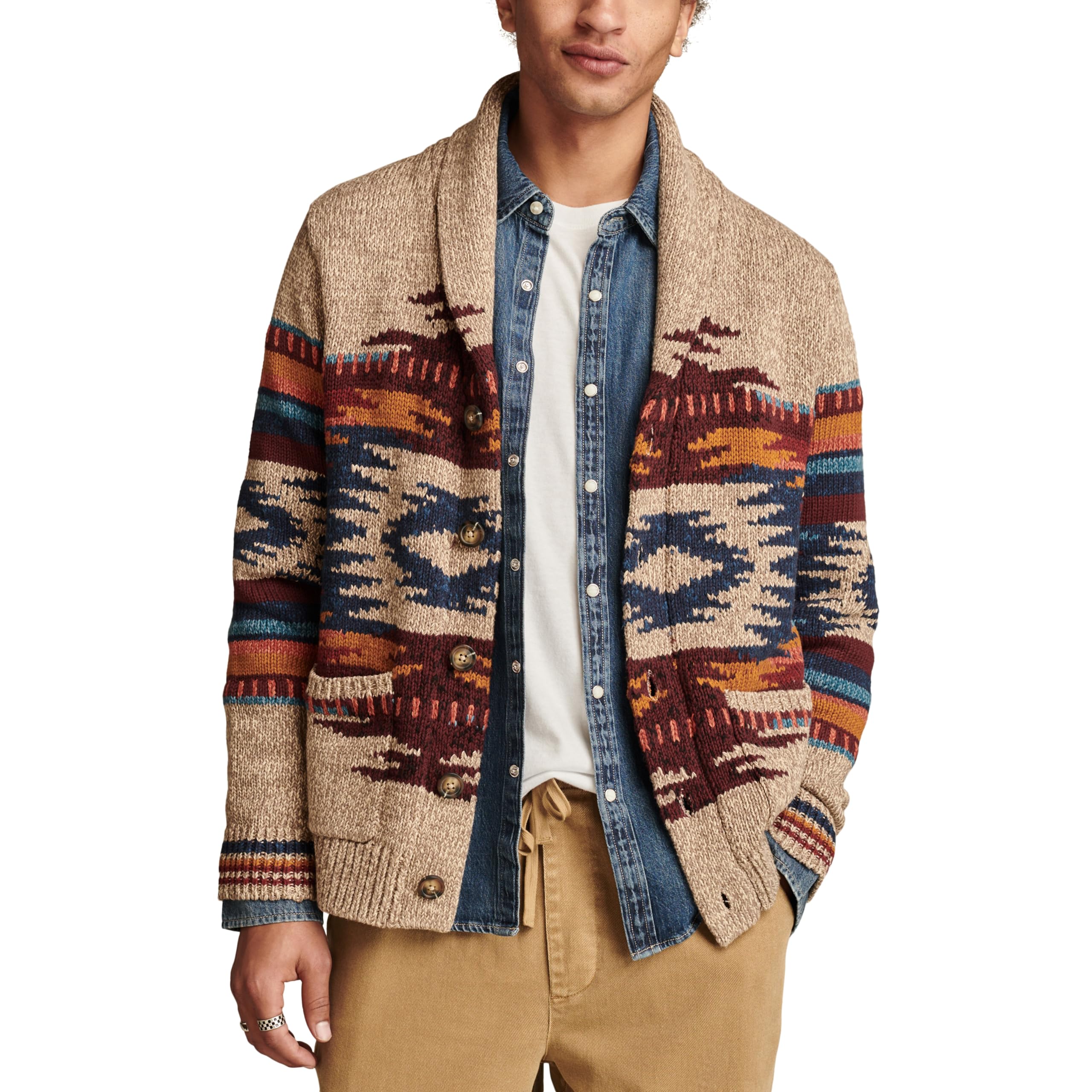 Lucky Brand Men’s Southwest Shawl Cardigan, Natural Multi Print