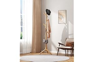 KSKSPE Coat Rack Freestanding,Wooden Coat Rack Stand with 4 Height Options,8 Hooks,Sturdy Tree Coat Rack for Clothes,Bags,Hats,free standing Coat Rack for Home,Office,Entryway(Natural Color)