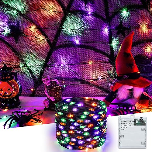 Etopgo Halloween Decoration Lights,5M/16.4ft 50 LED Orange Purple Green Fairy Lights with 6h Timer,baterry Operated String Light for Halloween Autumn Party Decorations, Fireplace,Home Decor