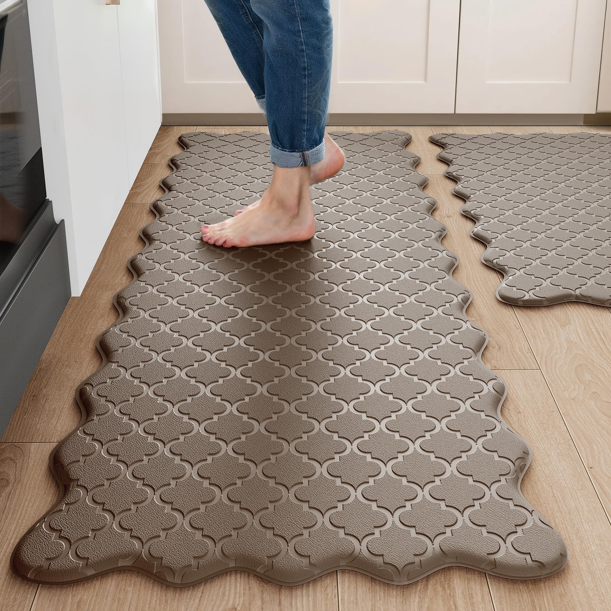 Photo 1 of Arenarug Upgrade Scalloped Embossed Kitchen Mats for Floor 2PCS Cushioned Anti Fatigue Waterproof Foam Kitchen Rugs Non Slip Washable Comfort Standing Mat for Office Sink Laundry, Brown