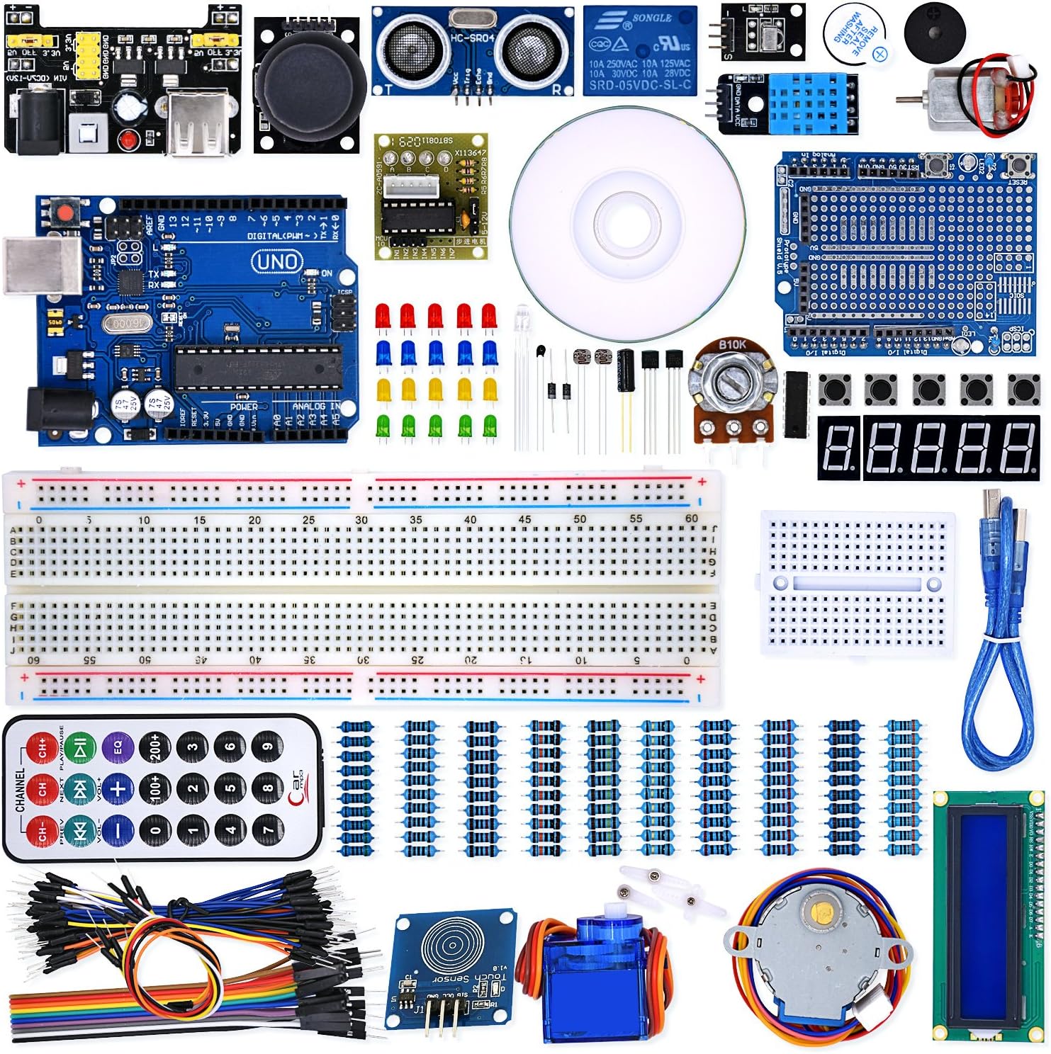 WeiKedz UNO Project Super Starter Kit with Lessons CD, Relay, UNO R3, Jumper Wire, SG90 Servo, Joystick Module, Ultrasonic Sensor, DHT11, ect. for Arduino with Free Touch Module