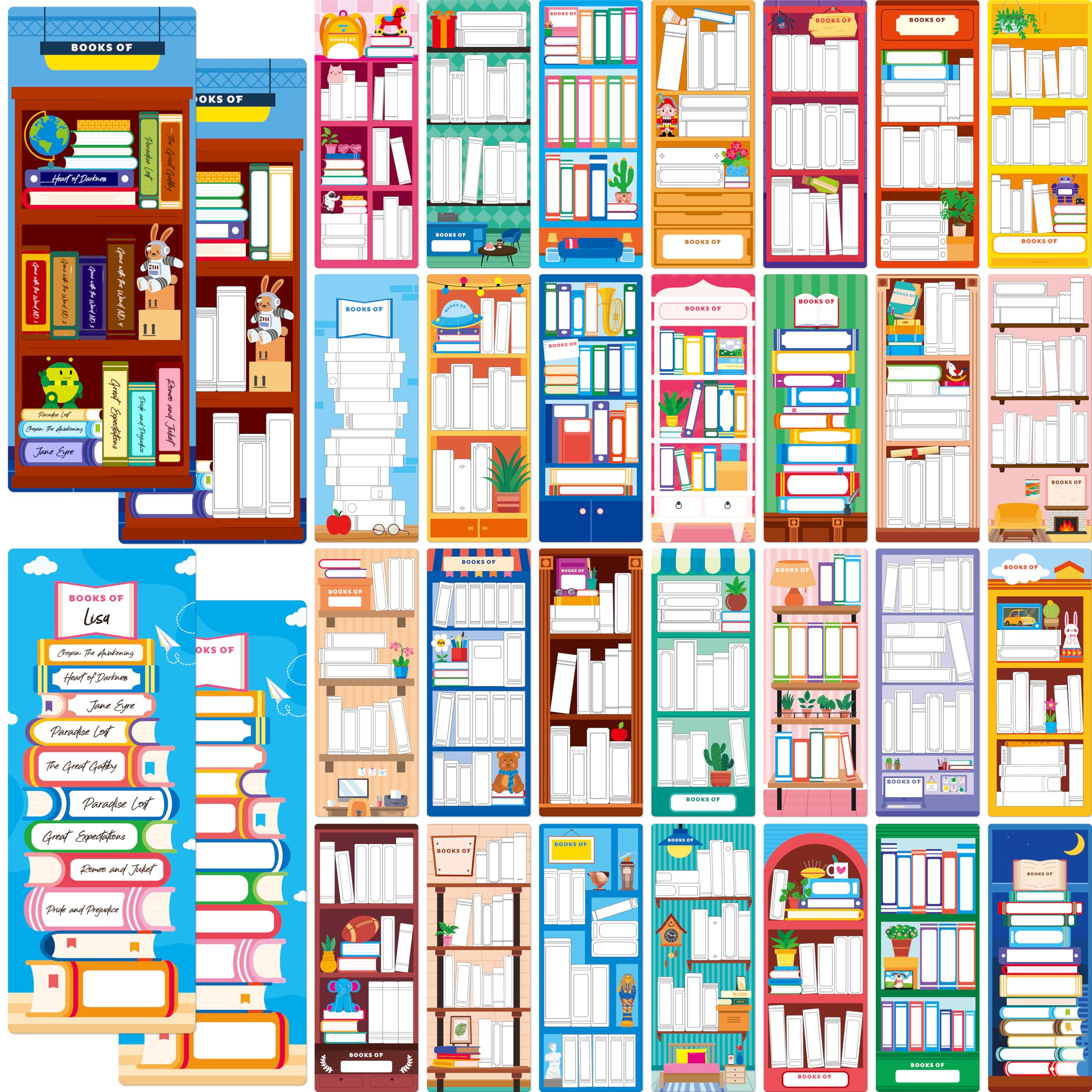 Photo 1 of 120 PCS Book Tracker Bookmarks, 30 Bookshelf Designs Double Sided Reading Page Markers Reading List Bookmarks for Kids, Adults, Students, Book Lovers All Ages (2.4” x 6.1”)