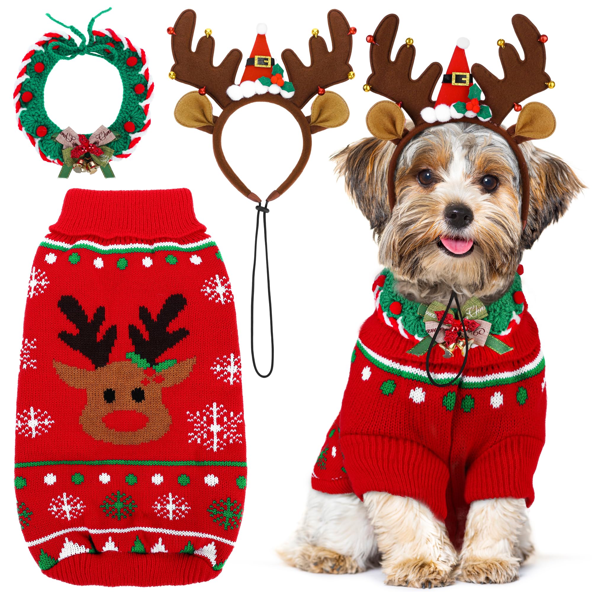 Photo 1 of (small/medium) Apoway Dog Christmas Sweater Reindeer Headband Dog Collar Turtleneck Dogs Knitwear Winter Warm Clothes Pullover Jacket Doggie Vest Christmas Pet Costume, Medium