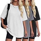 Oakgarden 3 Pack Women's Oversized T Shirts Waffle Half Sleeve Crewneck Tops Drop Shoulder Casual Loose Fit Gym Workout Tees