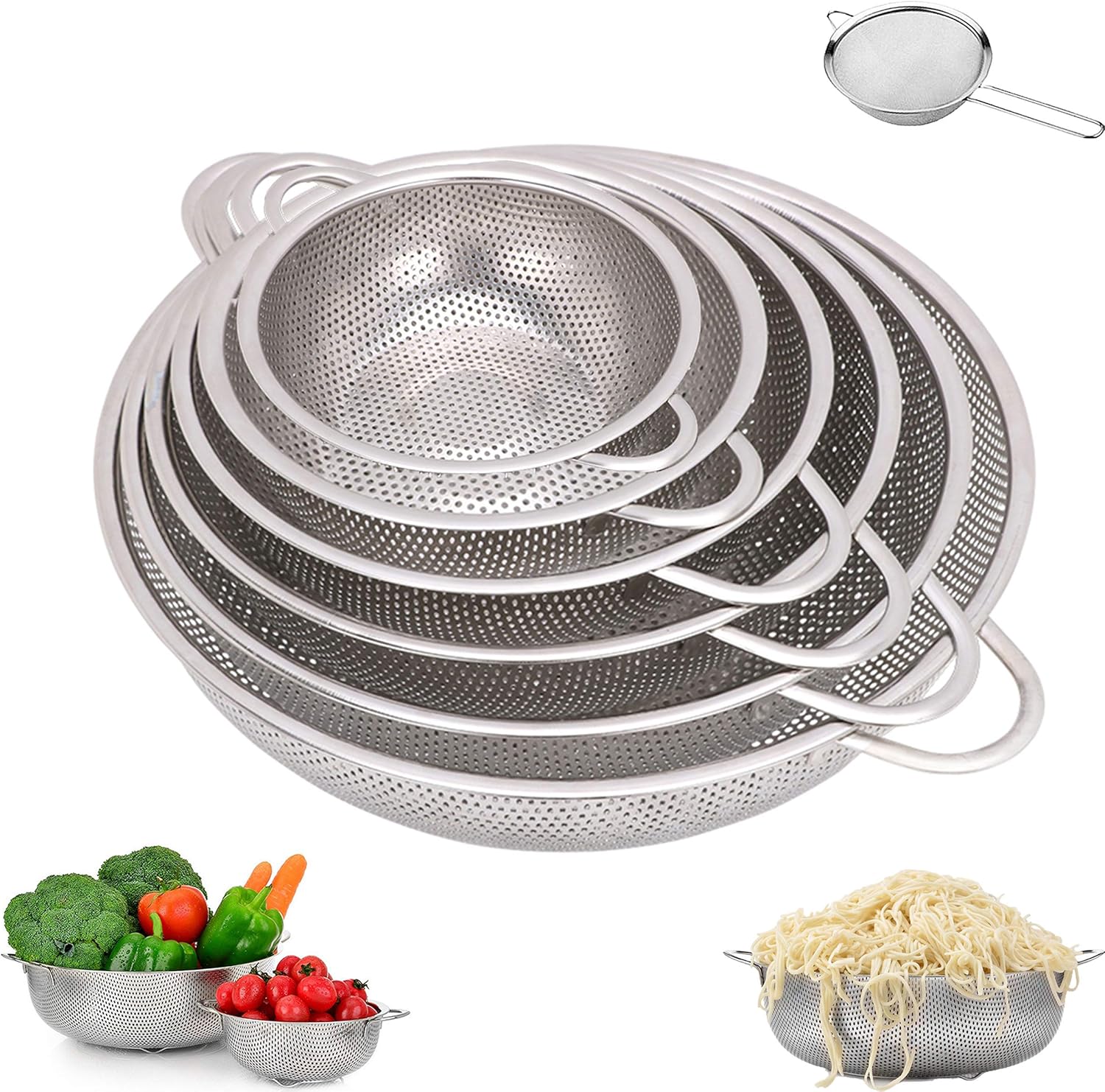 AOLIS Sieb Edelstahl Set,Grosse GRÖSSE Küchensieb 6er Set mit Griff, Mikroperforiertes Abtropfsieb Seiher zum Ablaufen & Spülen für Küche/Nudel/Gemüse/Obst, Spülmaschinenfest - (16/19/22/25/28/31cm)