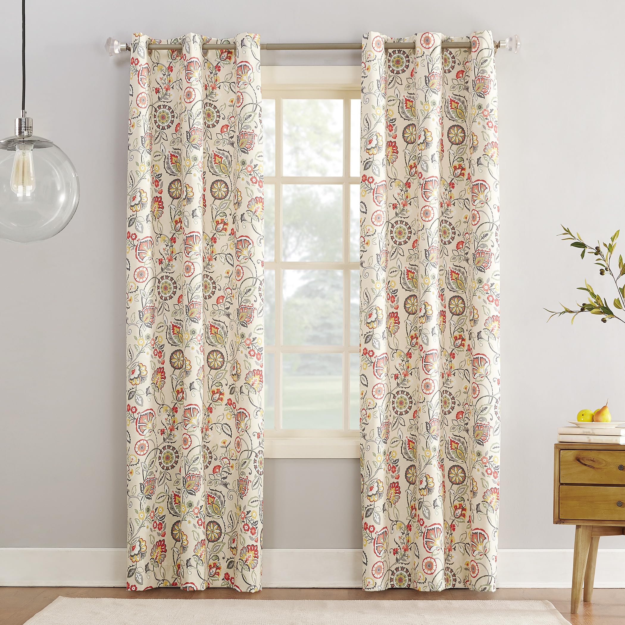Sun Zero Jorah Botanical Print Thermal Insulated Energy Efficient Grommet Curtain Panel, 40" x 95", Linen