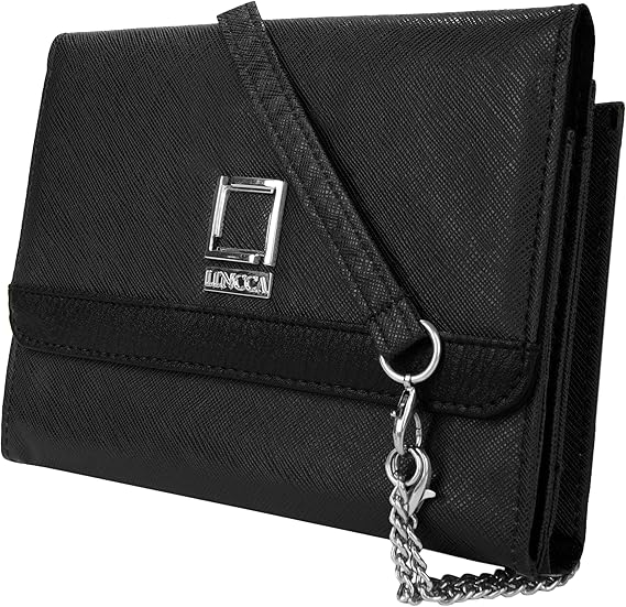 black wallet purse with shoulder strap