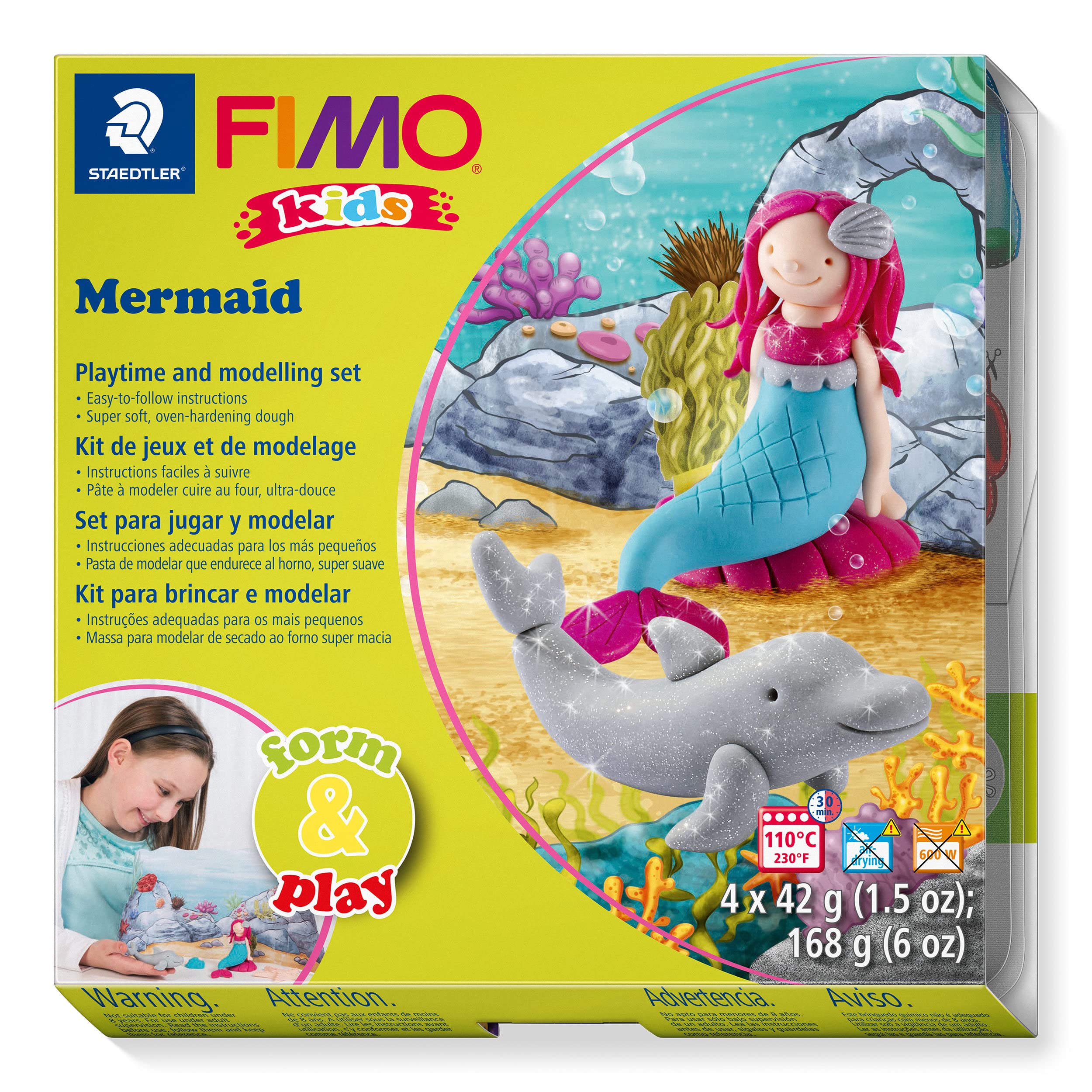 STAEDTLER 8034 12 LZ FIMO Kids Form&Play Playtime & Modelling Polymer Clay Set - "Mermaid" (Pack of 4 Blocks, Stickers, Modelling Tools & Background Scene)