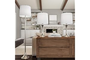 3-Piece Floor and Table Lamp Set - Mid-Century Modern Metal Lamps with Flared Trumpet Base and Energy Saving LED Light Bulbs by Lavish Home (Silver)