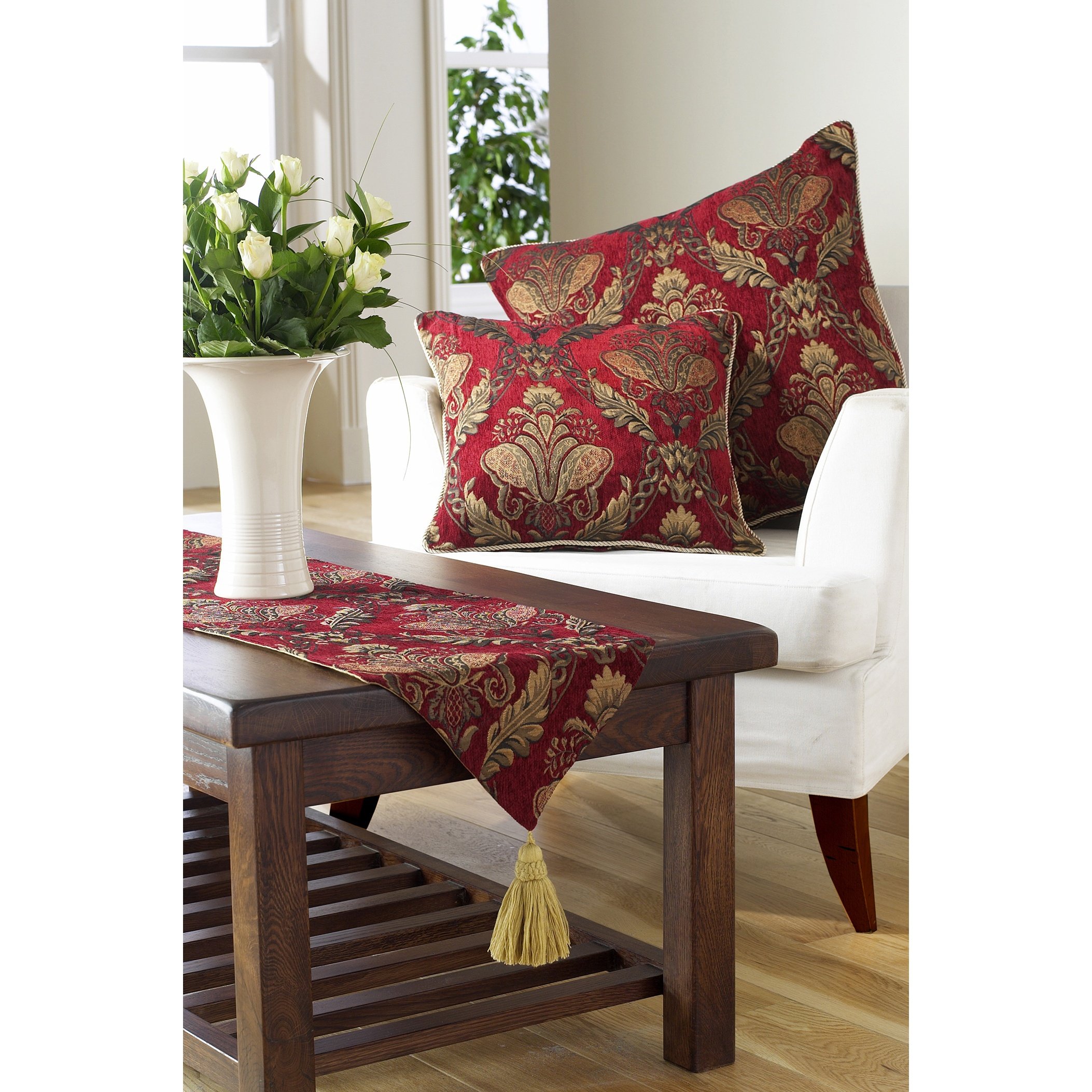 Shiraz Table Runner - Burgundy Red and Gold - Embroidered Damask Jacquard - Non Slip Lining - Tasselled - 100% Polyester - 33 x 230cm (13" x 91" inches) - Made by Riva Paoletti - Designed in the UK