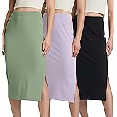Real Essentials 3 Pack: Women's Midi Ribbed Knit Skirt with Side Slit - Stretchy Work Business Casual Pencil Pull-On Skirts