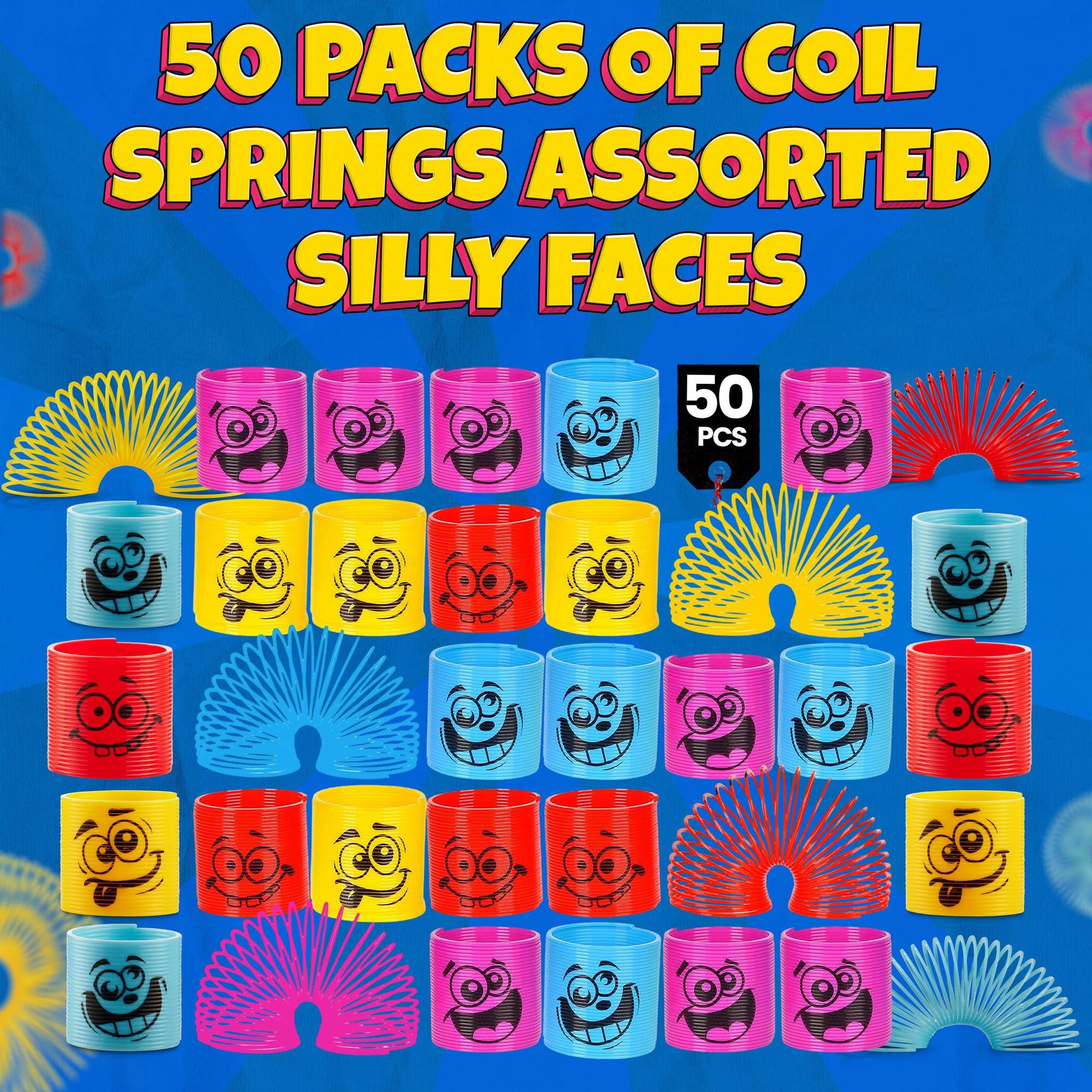 Mega Pack of 50 Coil Springs for Kids - Assorted Silly Faces and Colors, Mini Plastic Spring Toy for Party Favors, Carnival Prizes, Gift Goodie Bag Filler, Stocking Stuffers
