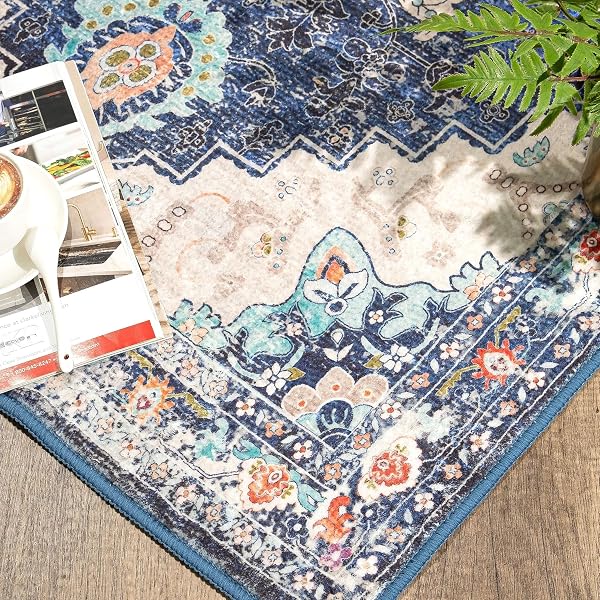 YESRUG 5X7 AREA RUGS BLUE BOHO RUGS FOR LIVING ROOM WASHABLE VINTAGE RUG NON-SLIP LARGE RUG FOR BEDROOM DINING ROOM LOW PILE INDOOR DISTRESSED THIN CARPET