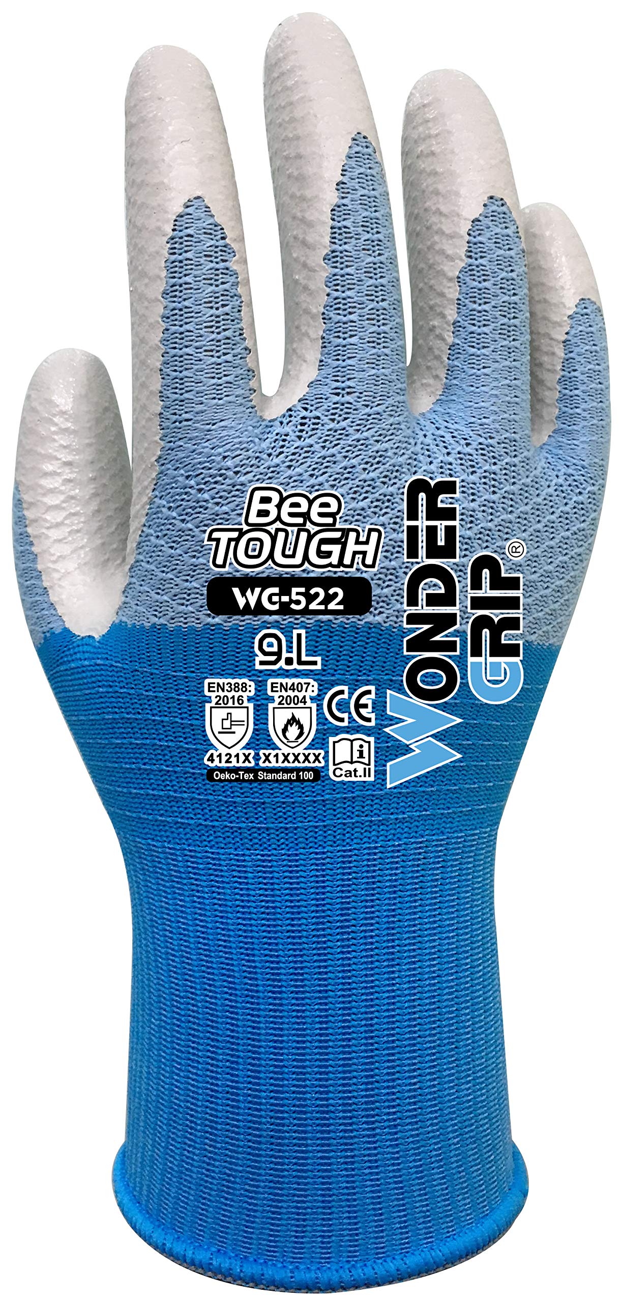 Wondergrip - Bee-Tough - WG-522W Safety Gloves - Nitrile Coating & Oil Resistant - High Grip - Bee-Series Knitting - DuaLiner Technology & Ergonomic Fit - Blue - Large