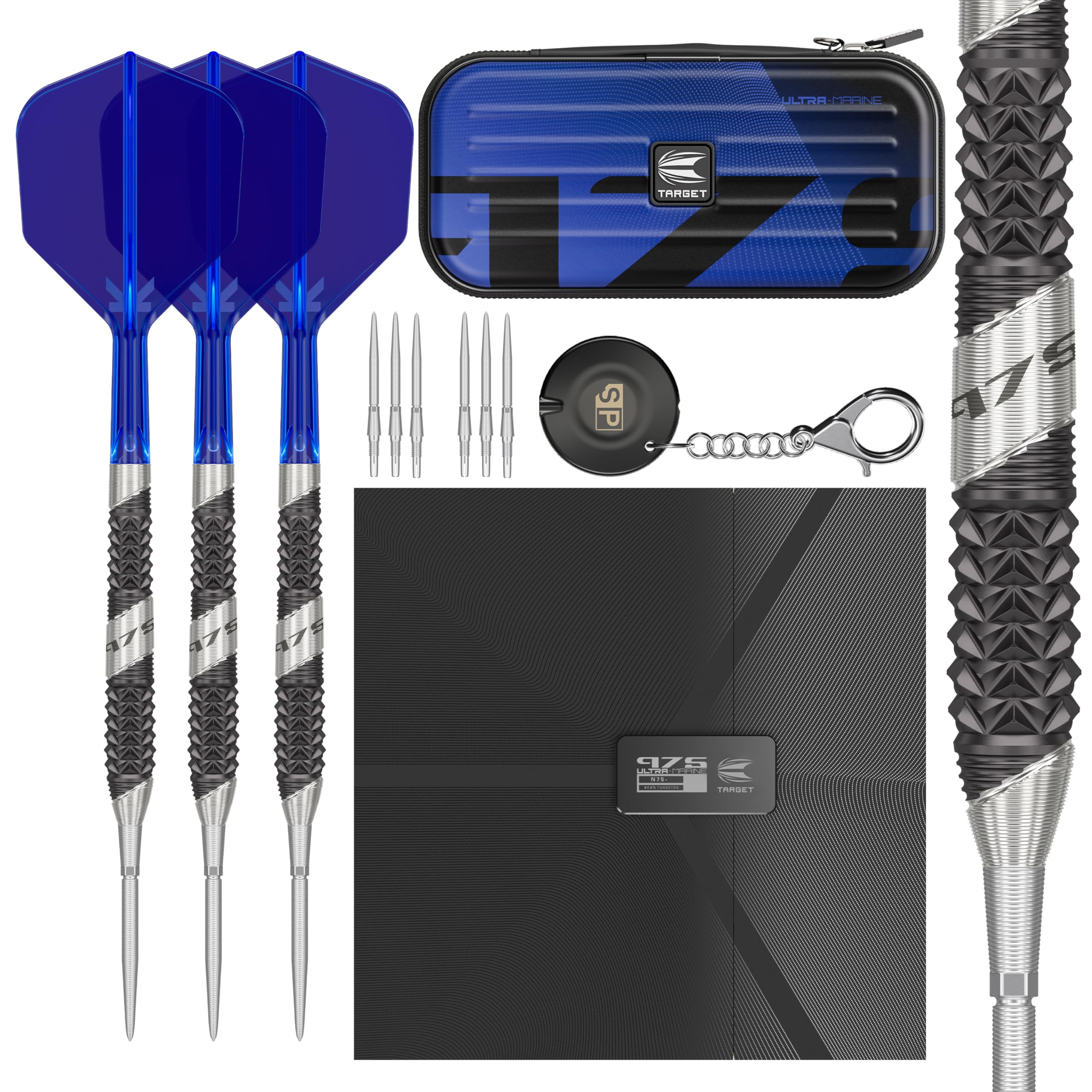 Target Darts 975 Ultra Marine 02 23G 97.5% Tungsten Swiss Point Steel Tip Darts Set with K-Flex
