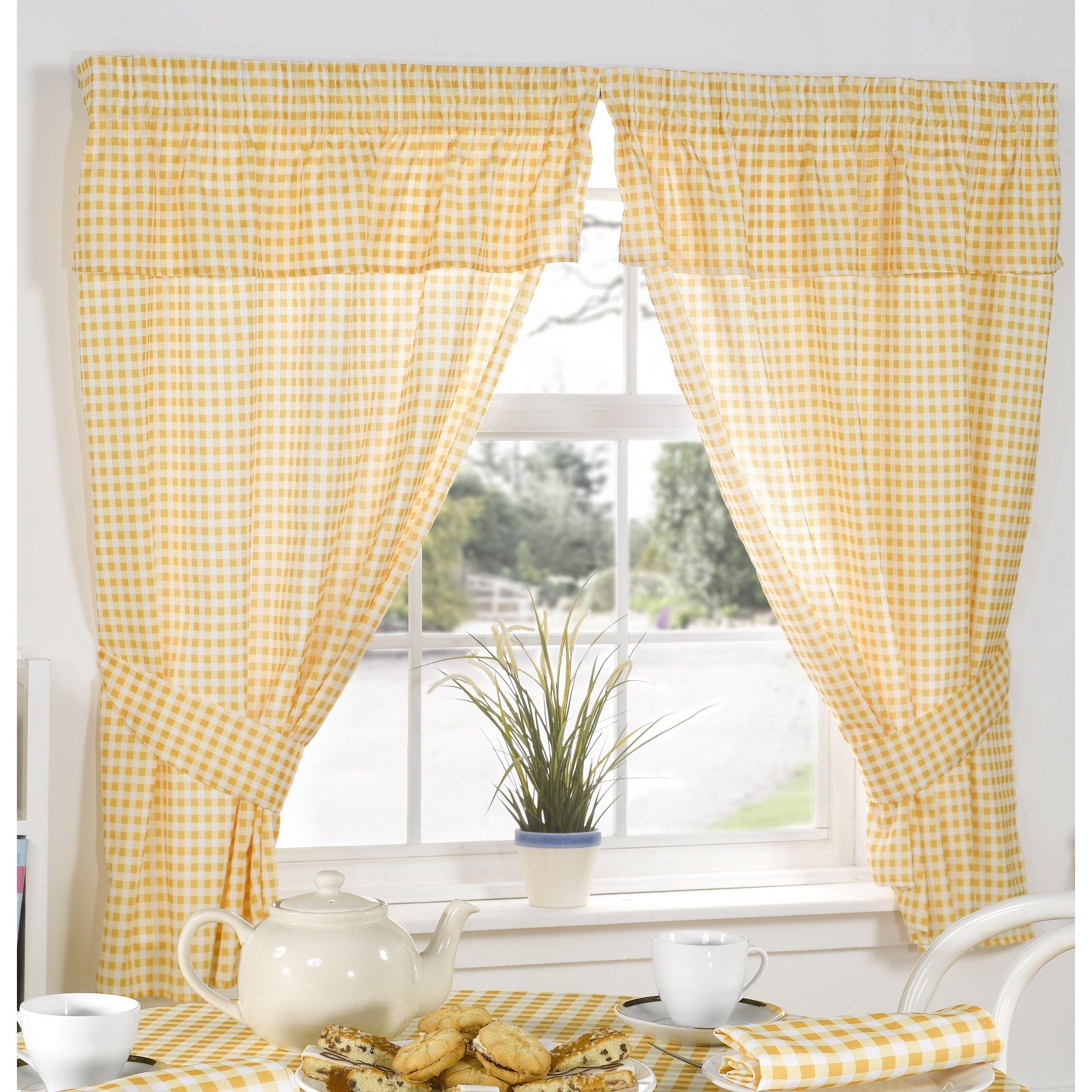 Molly Gingham Check Kitchen Pencil Pleat Curtains, Lemon, 46 x 48 Inch