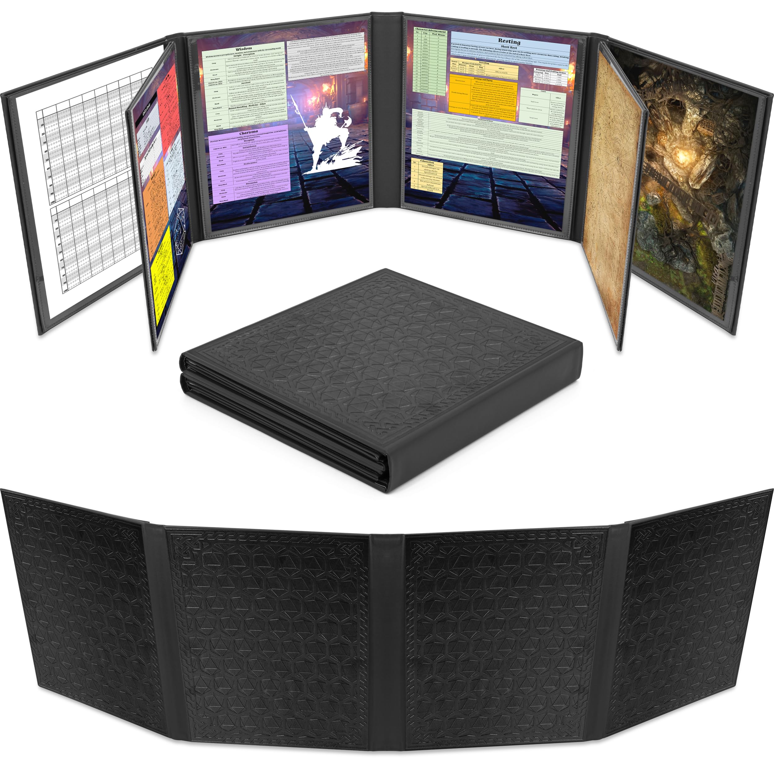 CASEMATIX DM Screen Faux Leather 8-Panel Deluxe GM Screen - Eight Panel Folding Dungeon Master Screen with 2 Swinging Panels and Wet Erase Pockets for TTRPGs - Inserts Not Included