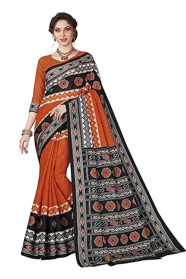 Womens Pure Cotton Printed Saree with Blouse Piece (SKR5638_Orange-Black)