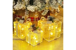 LJLNION Set of 3 Christmas Lighted Gift Boxes Decorations, Pre-lit Snowflakes Present Box with Silver Bowknot, Light Up Xmas Tree Skirt Ornament, Indoor Outdoor Plug in for Home Pathway Holiday Party