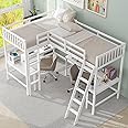 Merax Wood Twin Size L-Shaped Loft Bed with Ladder and 2 Built-in L-Shaped Desks, White